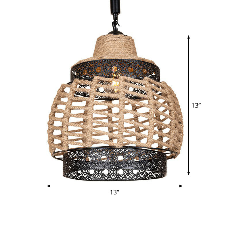 1-Light Hollowed out Ceiling Hanging Lantern Brown Hand-Wrapped Rope Pendant Lighting Fixture Clearhalo 'Ceiling Lights' 'Industrial Pendants' 'Industrial' 'Middle Century Pendants' 'Pendant Lights' 'Pendants' 'Tiffany' Lighting' 1912348