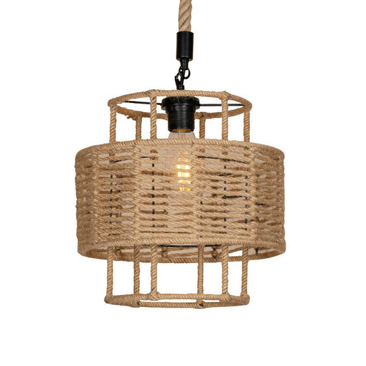2-Layered Cylinder Rope Pendant Lamp Farmhouse 1 Head Living Room Ceiling Hang Light in Brown Clearhalo 'Ceiling Lights' 'Industrial Pendants' 'Industrial' 'Middle Century Pendants' 'Pendant Lights' 'Pendants' 'Tiffany' Lighting' 1912355