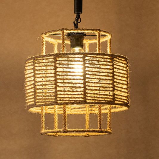 2-Layered Cylinder Rope Pendant Lamp Farmhouse 1 Head Living Room Ceiling Hang Light in Brown Clearhalo 'Ceiling Lights' 'Industrial Pendants' 'Industrial' 'Middle Century Pendants' 'Pendant Lights' 'Pendants' 'Tiffany' Lighting' 1912356