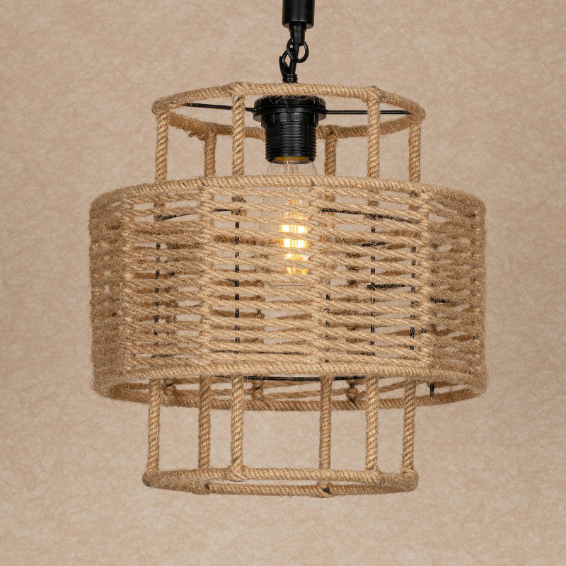 2-Layered Cylinder Rope Pendant Lamp Farmhouse 1 Head Living Room Ceiling Hang Light in Brown Clearhalo 'Ceiling Lights' 'Industrial Pendants' 'Industrial' 'Middle Century Pendants' 'Pendant Lights' 'Pendants' 'Tiffany' Lighting' 1912357