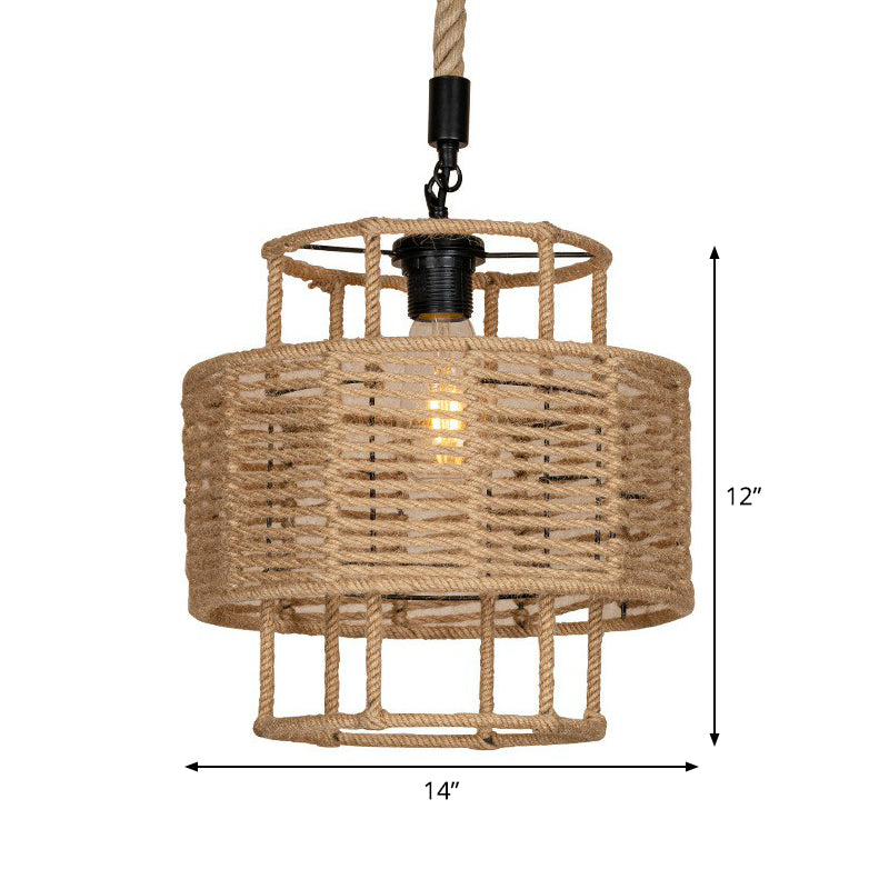 2-Layered Cylinder Rope Pendant Lamp Farmhouse 1 Head Living Room Ceiling Hang Light in Brown Clearhalo 'Ceiling Lights' 'Industrial Pendants' 'Industrial' 'Middle Century Pendants' 'Pendant Lights' 'Pendants' 'Tiffany' Lighting' 1912358