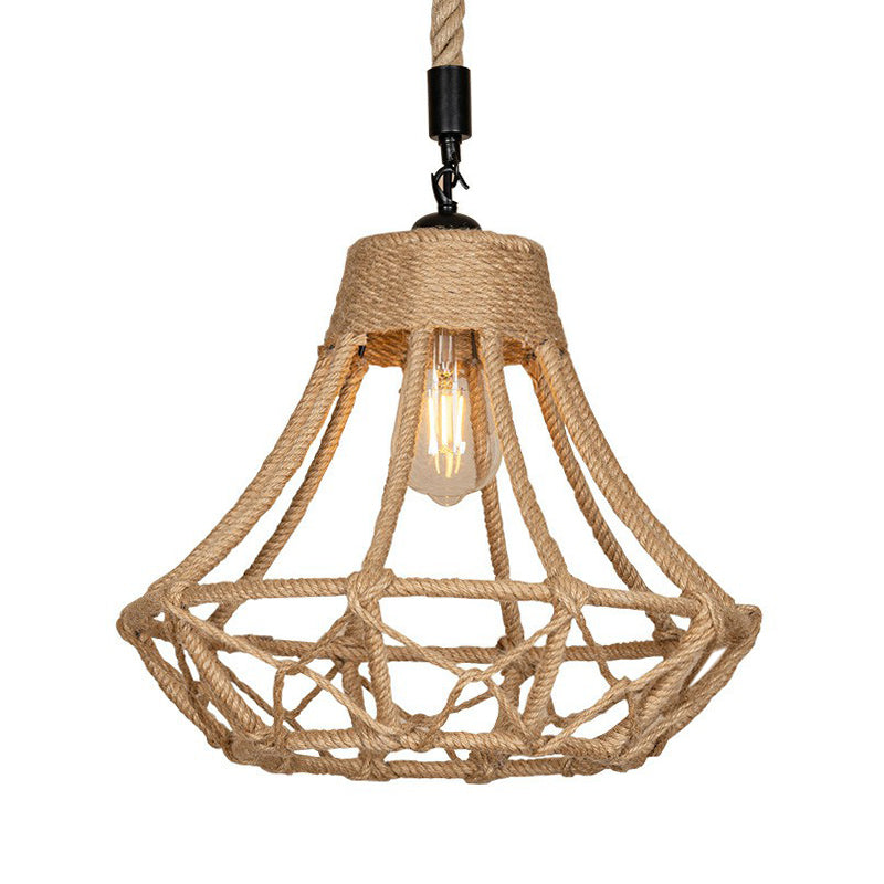 Lodge Diamond Shaped Drop Pendant 1 Bulb Hemp Hanging Ceiling Light in Brown for Cafe Clearhalo 'Ceiling Lights' 'Industrial Pendants' 'Industrial' 'Middle Century Pendants' 'Pendant Lights' 'Pendants' 'Tiffany' Lighting' 1912360