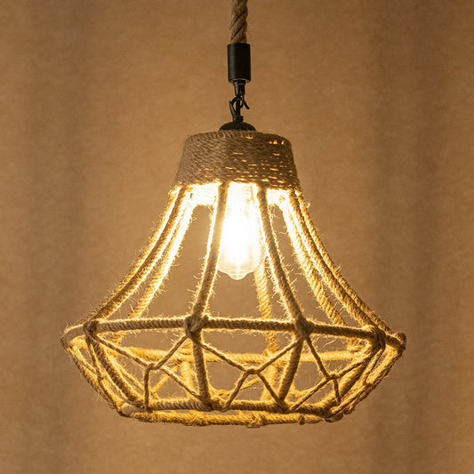 Lodge Diamond Shaped Drop Pendant 1 Bulb Hemp Hanging Ceiling Light in Brown for Cafe Clearhalo 'Ceiling Lights' 'Industrial Pendants' 'Industrial' 'Middle Century Pendants' 'Pendant Lights' 'Pendants' 'Tiffany' Lighting' 1912361