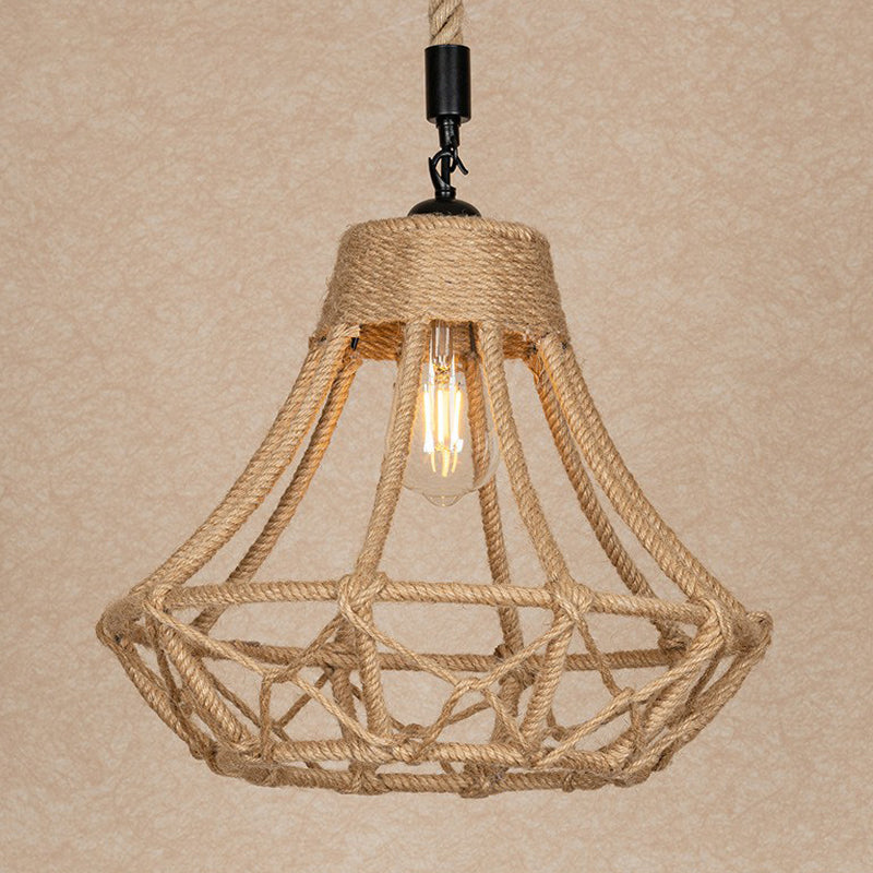 Lodge Diamond Shaped Drop Pendant 1 Bulb Hemp Hanging Ceiling Light in Brown for Cafe Clearhalo 'Ceiling Lights' 'Industrial Pendants' 'Industrial' 'Middle Century Pendants' 'Pendant Lights' 'Pendants' 'Tiffany' Lighting' 1912362