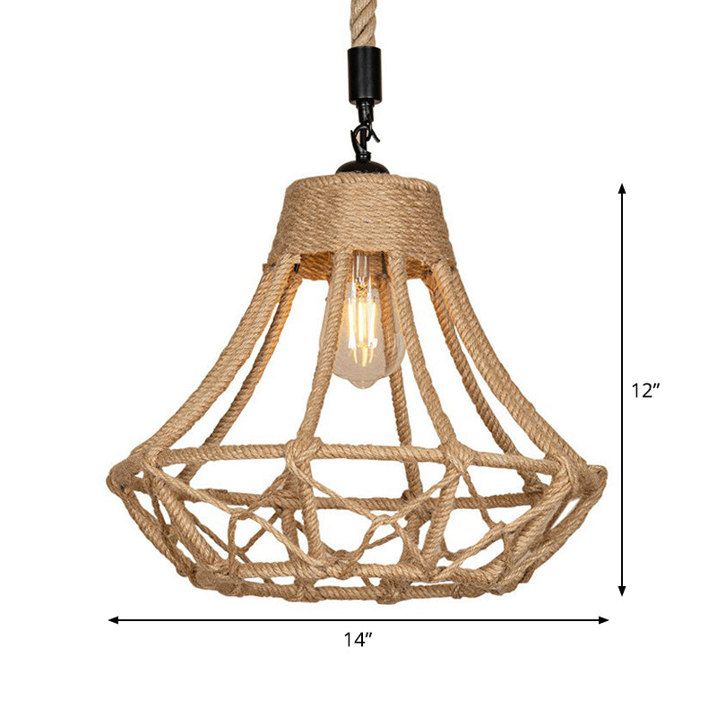 Lodge Diamond Shaped Drop Pendant 1 Bulb Hemp Hanging Ceiling Light in Brown for Cafe Clearhalo 'Ceiling Lights' 'Industrial Pendants' 'Industrial' 'Middle Century Pendants' 'Pendant Lights' 'Pendants' 'Tiffany' Lighting' 1912363