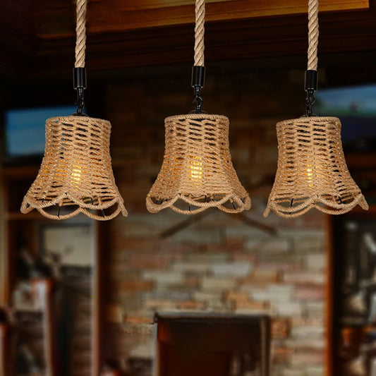 Rural Scalloped Bell Cluster Pendant Light 3/6-Head Rope Wrapped Suspension Lamp in Brown with Round/Linear Canopy Brown Linear Clearhalo 'Ceiling Lights' 'Industrial Pendants' 'Industrial' 'Middle Century Pendants' 'Pendant Lights' 'Pendants' 'Tiffany' Lighting' 1912379