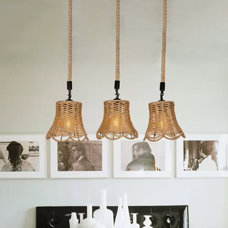 Rural Scalloped Bell Cluster Pendant Light 3/6-Head Rope Wrapped Suspension Lamp in Brown with Round/Linear Canopy Clearhalo 'Ceiling Lights' 'Industrial Pendants' 'Industrial' 'Middle Century Pendants' 'Pendant Lights' 'Pendants' 'Tiffany' Lighting' 1912380