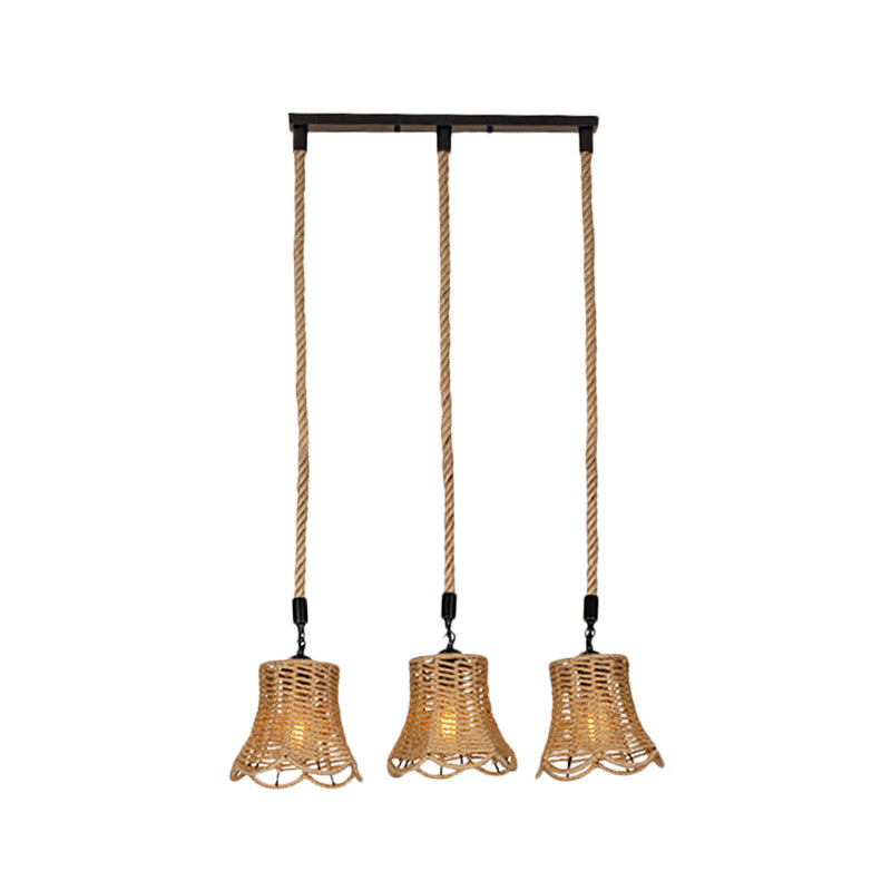 Rural Scalloped Bell Cluster Pendant Light 3/6-Head Rope Wrapped Suspension Lamp in Brown with Round/Linear Canopy Clearhalo 'Ceiling Lights' 'Industrial Pendants' 'Industrial' 'Middle Century Pendants' 'Pendant Lights' 'Pendants' 'Tiffany' Lighting' 1912381