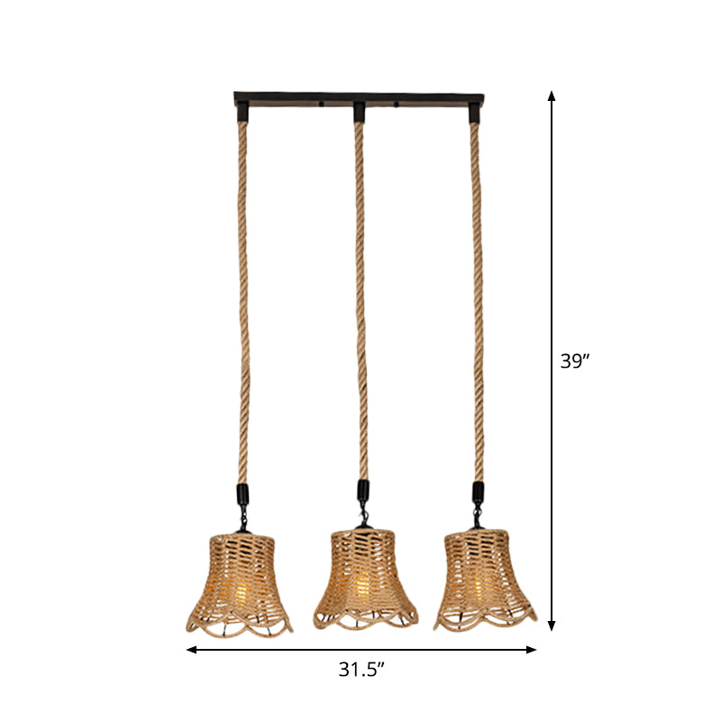 Rural Scalloped Bell Cluster Pendant Light 3/6-Head Rope Wrapped Suspension Lamp in Brown with Round/Linear Canopy Clearhalo 'Ceiling Lights' 'Industrial Pendants' 'Industrial' 'Middle Century Pendants' 'Pendant Lights' 'Pendants' 'Tiffany' Lighting' 1912383
