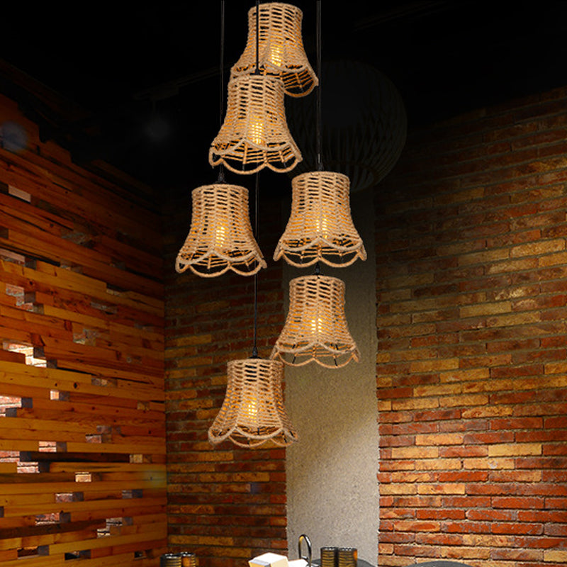 Rural Scalloped Bell Cluster Pendant Light 3/6-Head Rope Wrapped Suspension Lamp in Brown with Round/Linear Canopy Brown Round Clearhalo 'Ceiling Lights' 'Industrial Pendants' 'Industrial' 'Middle Century Pendants' 'Pendant Lights' 'Pendants' 'Tiffany' Lighting' 1912384