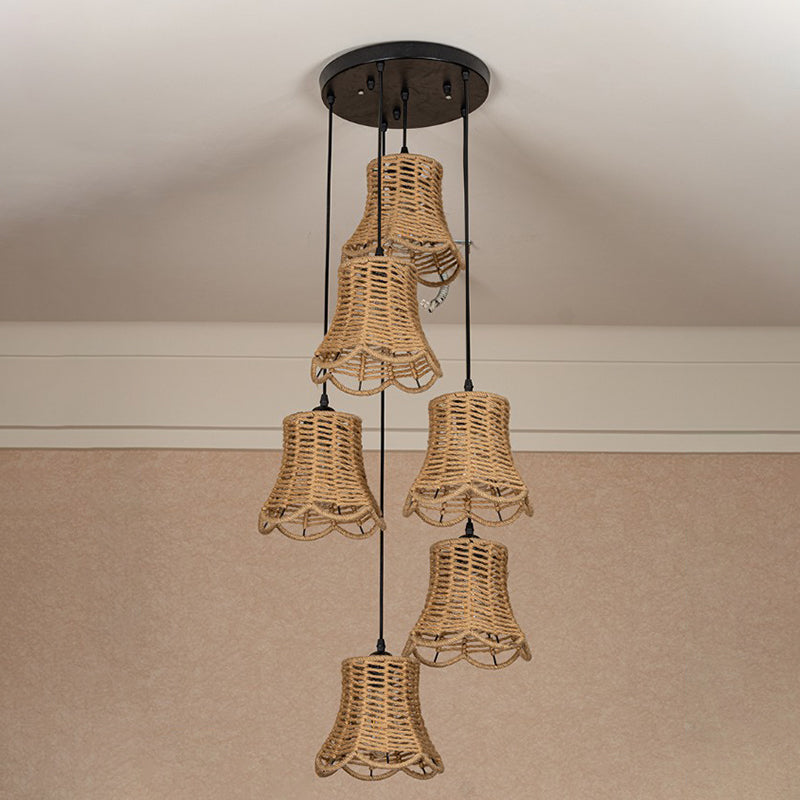 Rural Scalloped Bell Cluster Pendant Light 3/6-Head Rope Wrapped Suspension Lamp in Brown with Round/Linear Canopy Clearhalo 'Ceiling Lights' 'Industrial Pendants' 'Industrial' 'Middle Century Pendants' 'Pendant Lights' 'Pendants' 'Tiffany' Lighting' 1912385