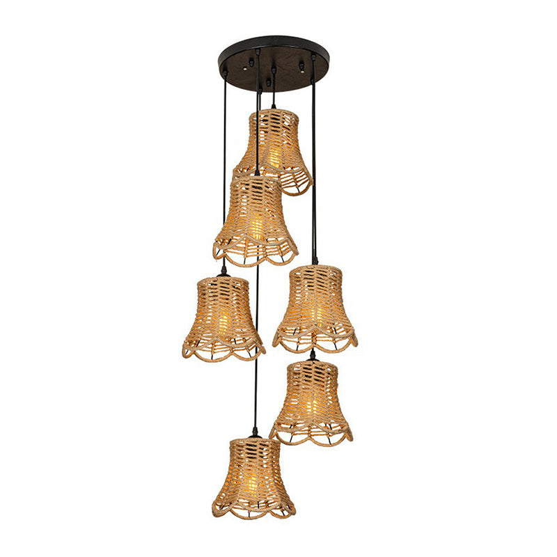 Rural Scalloped Bell Cluster Pendant Light 3/6-Head Rope Wrapped Suspension Lamp in Brown with Round/Linear Canopy Clearhalo 'Ceiling Lights' 'Industrial Pendants' 'Industrial' 'Middle Century Pendants' 'Pendant Lights' 'Pendants' 'Tiffany' Lighting' 1912387