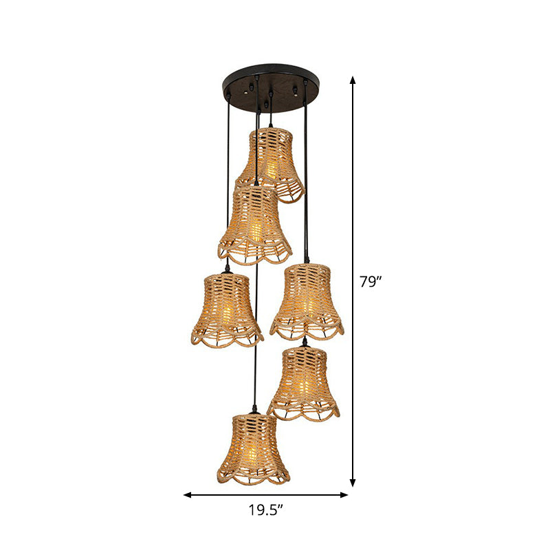 Rural Scalloped Bell Cluster Pendant Light 3/6-Head Rope Wrapped Suspension Lamp in Brown with Round/Linear Canopy Clearhalo 'Ceiling Lights' 'Industrial Pendants' 'Industrial' 'Middle Century Pendants' 'Pendant Lights' 'Pendants' 'Tiffany' Lighting' 1912388
