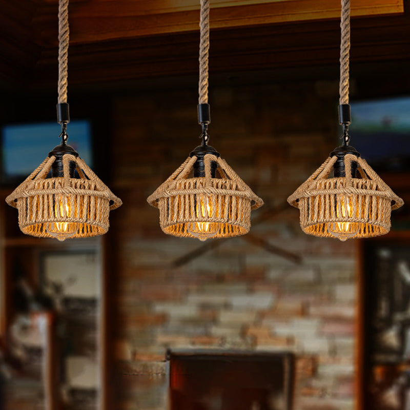 3/6-Light Mini House Multi Pendant Cottage Brown Hand Worked Rope Hanging Light Fixture, Round/Linear Canopy Brown Linear Clearhalo 'Ceiling Lights' 'Industrial Pendants' 'Industrial' 'Middle Century Pendants' 'Pendant Lights' 'Pendants' 'Tiffany' Lighting' 1912389