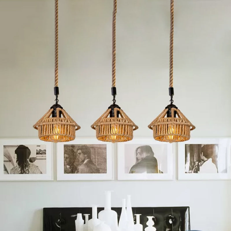 3/6-Light Mini House Multi Pendant Cottage Brown Hand Worked Rope Hanging Light Fixture, Round/Linear Canopy Clearhalo 'Ceiling Lights' 'Industrial Pendants' 'Industrial' 'Middle Century Pendants' 'Pendant Lights' 'Pendants' 'Tiffany' Lighting' 1912390