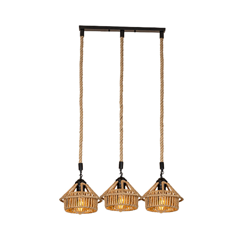3/6-Light Mini House Multi Pendant Cottage Brown Hand Worked Rope Hanging Light Fixture, Round/Linear Canopy Clearhalo 'Ceiling Lights' 'Industrial Pendants' 'Industrial' 'Middle Century Pendants' 'Pendant Lights' 'Pendants' 'Tiffany' Lighting' 1912391