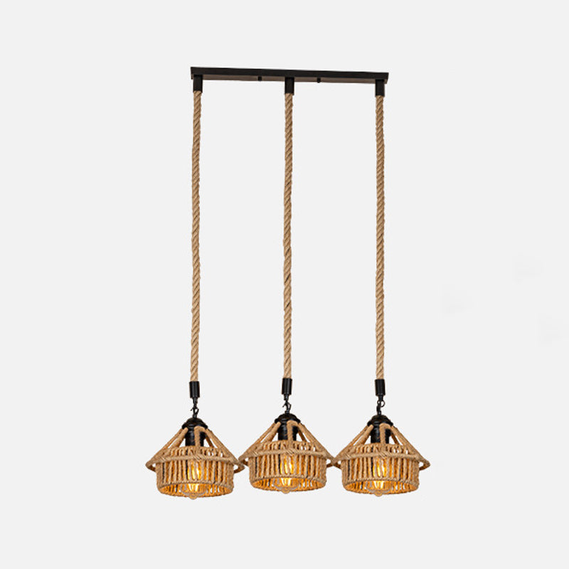3/6-Light Mini House Multi Pendant Cottage Brown Hand Worked Rope Hanging Light Fixture, Round/Linear Canopy Clearhalo 'Ceiling Lights' 'Industrial Pendants' 'Industrial' 'Middle Century Pendants' 'Pendant Lights' 'Pendants' 'Tiffany' Lighting' 1912392