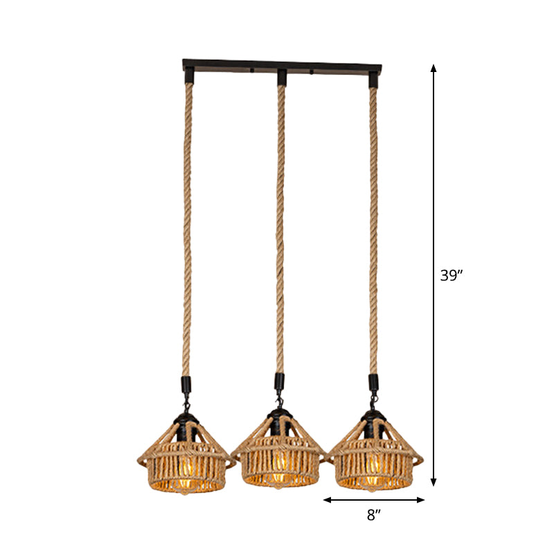 3/6-Light Mini House Multi Pendant Cottage Brown Hand Worked Rope Hanging Light Fixture, Round/Linear Canopy Clearhalo 'Ceiling Lights' 'Industrial Pendants' 'Industrial' 'Middle Century Pendants' 'Pendant Lights' 'Pendants' 'Tiffany' Lighting' 1912393