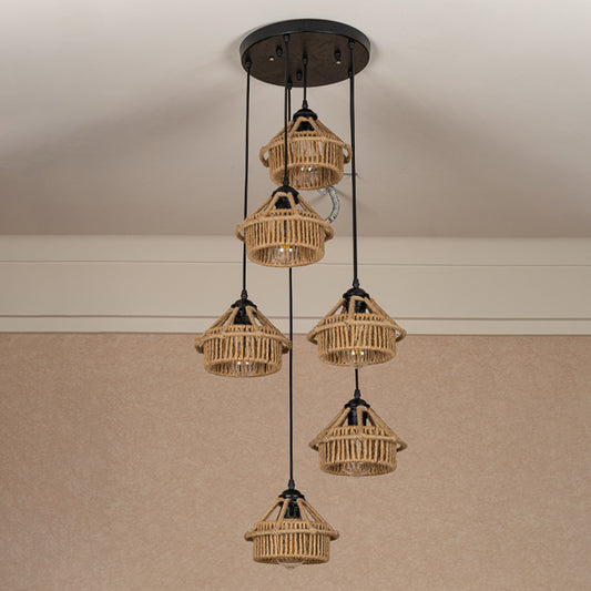 3/6-Light Mini House Multi Pendant Cottage Brown Hand Worked Rope Hanging Light Fixture, Round/Linear Canopy Brown Round Clearhalo 'Ceiling Lights' 'Industrial Pendants' 'Industrial' 'Middle Century Pendants' 'Pendant Lights' 'Pendants' 'Tiffany' Lighting' 1912394