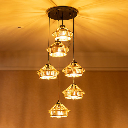3/6-Light Mini House Multi Pendant Cottage Brown Hand Worked Rope Hanging Light Fixture, Round/Linear Canopy Clearhalo 'Ceiling Lights' 'Industrial Pendants' 'Industrial' 'Middle Century Pendants' 'Pendant Lights' 'Pendants' 'Tiffany' Lighting' 1912395
