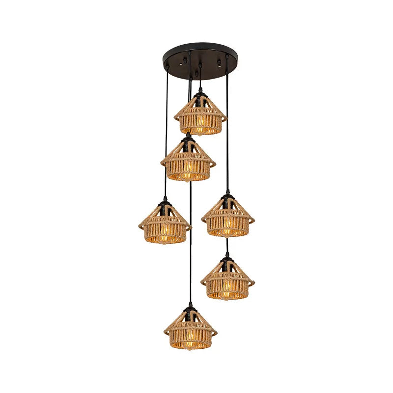3/6-Light Mini House Multi Pendant Cottage Brown Hand Worked Rope Hanging Light Fixture, Round/Linear Canopy Clearhalo 'Ceiling Lights' 'Industrial Pendants' 'Industrial' 'Middle Century Pendants' 'Pendant Lights' 'Pendants' 'Tiffany' Lighting' 1912396
