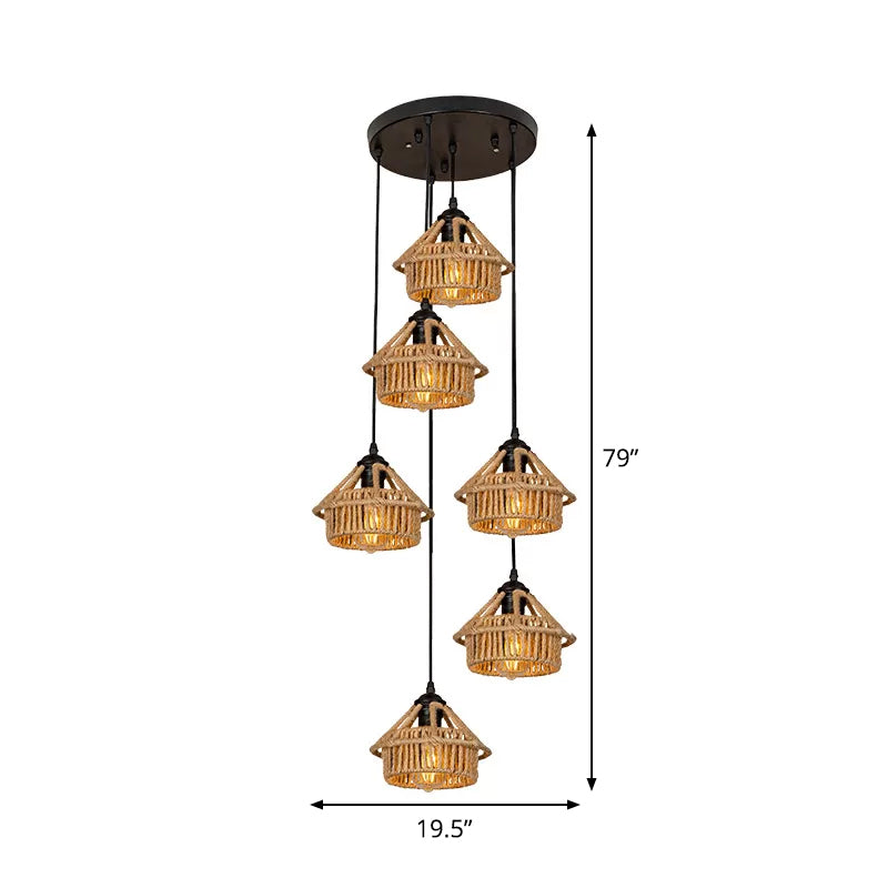 3/6-Light Mini House Multi Pendant Cottage Brown Hand Worked Rope Hanging Light Fixture, Round/Linear Canopy Clearhalo 'Ceiling Lights' 'Industrial Pendants' 'Industrial' 'Middle Century Pendants' 'Pendant Lights' 'Pendants' 'Tiffany' Lighting' 1912397