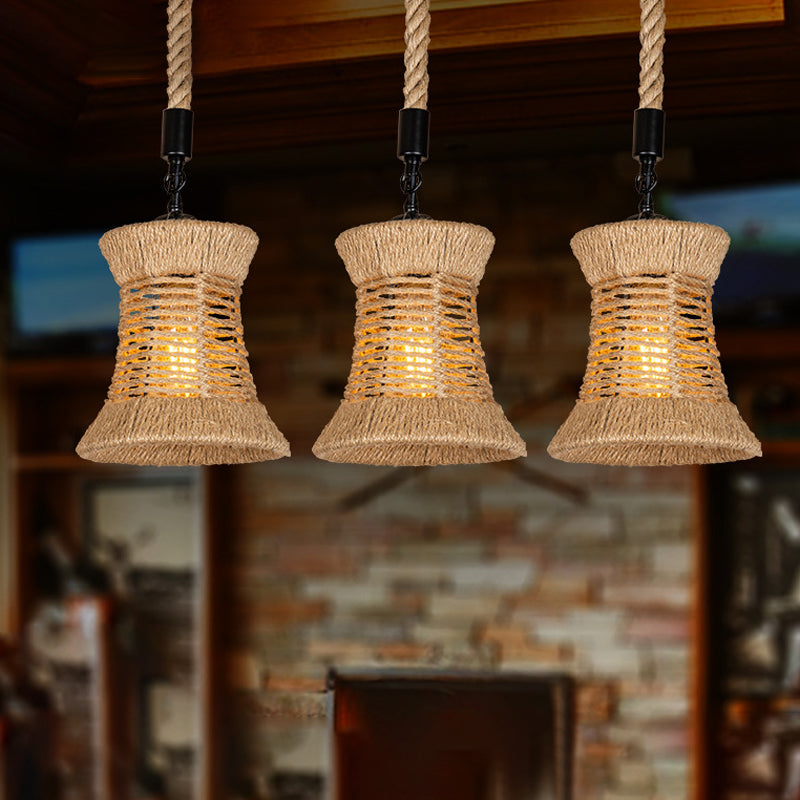Brown Flared Shade Multi-Light Pendant Rural Rope 3 Bulbs Dining Room Ceiling Hang Lamp Brown Clearhalo 'Ceiling Lights' 'Industrial Pendants' 'Industrial' 'Middle Century Pendants' 'Pendant Lights' 'Pendants' 'Tiffany' Lighting' 1912398
