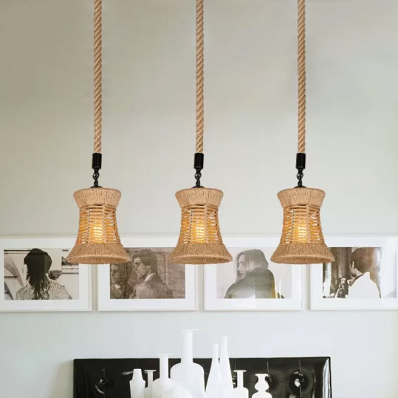 Brown Flared Shade Multi-Light Pendant Rural Rope 3 Bulbs Dining Room Ceiling Hang Lamp Clearhalo 'Ceiling Lights' 'Industrial Pendants' 'Industrial' 'Middle Century Pendants' 'Pendant Lights' 'Pendants' 'Tiffany' Lighting' 1912399
