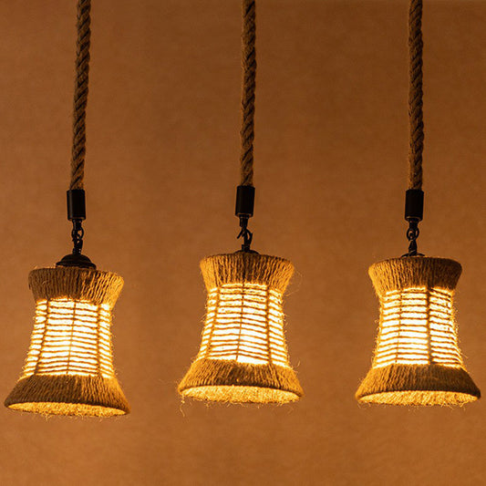 Brown Flared Shade Multi-Light Pendant Rural Rope 3 Bulbs Dining Room Ceiling Hang Lamp Clearhalo 'Ceiling Lights' 'Industrial Pendants' 'Industrial' 'Middle Century Pendants' 'Pendant Lights' 'Pendants' 'Tiffany' Lighting' 1912401