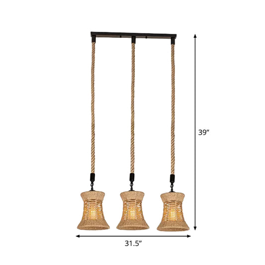 Brown Flared Shade Multi-Light Pendant Rural Rope 3 Bulbs Dining Room Ceiling Hang Lamp Clearhalo 'Ceiling Lights' 'Industrial Pendants' 'Industrial' 'Middle Century Pendants' 'Pendant Lights' 'Pendants' 'Tiffany' Lighting' 1912402