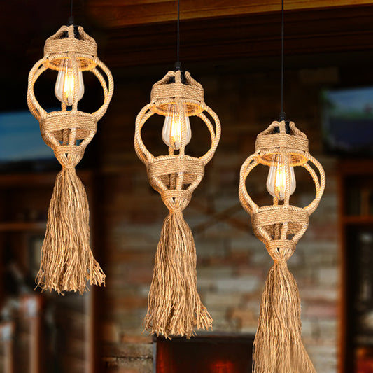 Hand-Made Lantern Kitchen Ceiling Light Farmhouse Hemp Rope 3/6-Head Brown Cluster Pendant with Round/Linear Canopy Brown Linear Clearhalo 'Ceiling Lights' 'Industrial Pendants' 'Industrial' 'Middle Century Pendants' 'Pendant Lights' 'Pendants' 'Tiffany' Lighting' 1912403