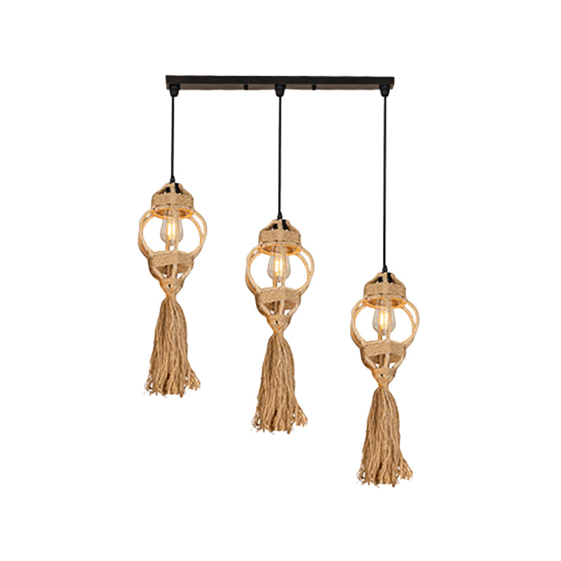 Hand-Made Lantern Kitchen Ceiling Light Farmhouse Hemp Rope 3/6-Head Brown Cluster Pendant with Round/Linear Canopy Clearhalo 'Ceiling Lights' 'Industrial Pendants' 'Industrial' 'Middle Century Pendants' 'Pendant Lights' 'Pendants' 'Tiffany' Lighting' 1912404