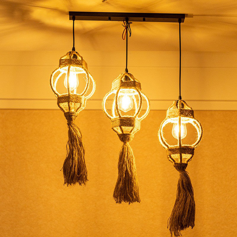 Hand-Made Lantern Kitchen Ceiling Light Farmhouse Hemp Rope 3/6-Head Brown Cluster Pendant with Round/Linear Canopy Clearhalo 'Ceiling Lights' 'Industrial Pendants' 'Industrial' 'Middle Century Pendants' 'Pendant Lights' 'Pendants' 'Tiffany' Lighting' 1912405