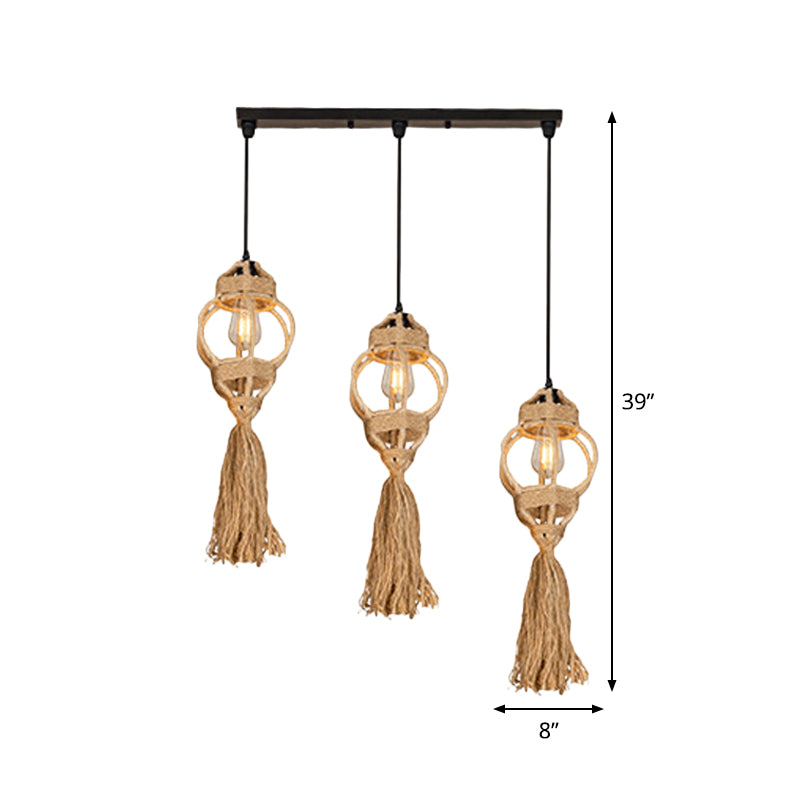 Hand-Made Lantern Kitchen Ceiling Light Farmhouse Hemp Rope 3/6-Head Brown Cluster Pendant with Round/Linear Canopy Clearhalo 'Ceiling Lights' 'Industrial Pendants' 'Industrial' 'Middle Century Pendants' 'Pendant Lights' 'Pendants' 'Tiffany' Lighting' 1912406