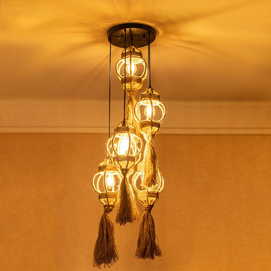 Hand-Made Lantern Kitchen Ceiling Light Farmhouse Hemp Rope 3/6-Head Brown Cluster Pendant with Round/Linear Canopy Brown Round Clearhalo 'Ceiling Lights' 'Industrial Pendants' 'Industrial' 'Middle Century Pendants' 'Pendant Lights' 'Pendants' 'Tiffany' Lighting' 1912407
