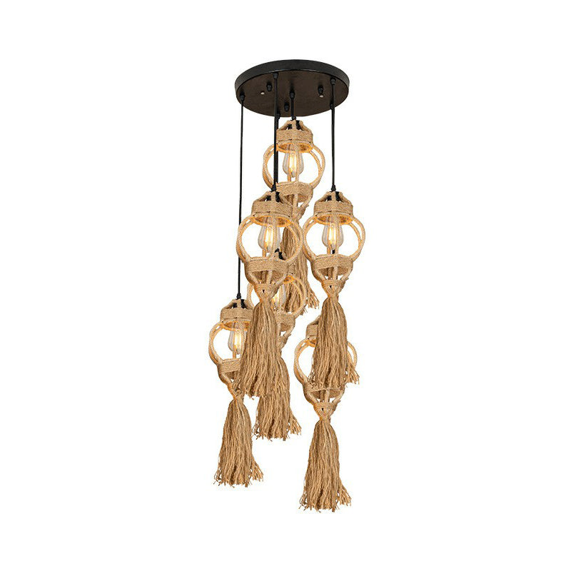 Hand-Made Lantern Kitchen Ceiling Light Farmhouse Hemp Rope 3/6-Head Brown Cluster Pendant with Round/Linear Canopy Clearhalo 'Ceiling Lights' 'Industrial Pendants' 'Industrial' 'Middle Century Pendants' 'Pendant Lights' 'Pendants' 'Tiffany' Lighting' 1912409