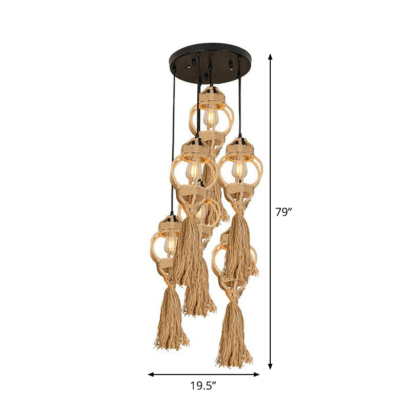 Hand-Made Lantern Kitchen Ceiling Light Farmhouse Hemp Rope 3/6-Head Brown Cluster Pendant with Round/Linear Canopy Clearhalo 'Ceiling Lights' 'Industrial Pendants' 'Industrial' 'Middle Century Pendants' 'Pendant Lights' 'Pendants' 'Tiffany' Lighting' 1912410