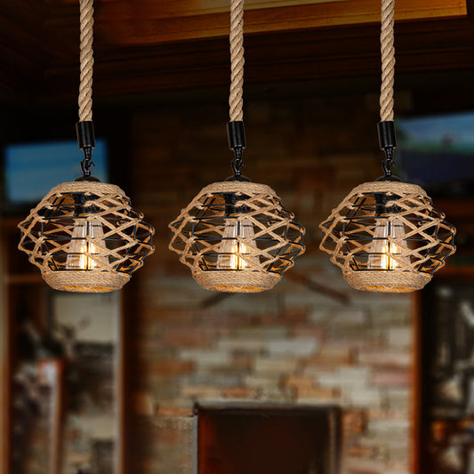 Rustic Elliptical Multi Hanging Light 3/6 Lights Rope Pendant Ceiling Lamp in Brown, Round/Linear Canopy Brown Linear Clearhalo 'Ceiling Lights' 'Industrial Pendants' 'Industrial' 'Middle Century Pendants' 'Pendant Lights' 'Pendants' 'Tiffany' Lighting' 1912411