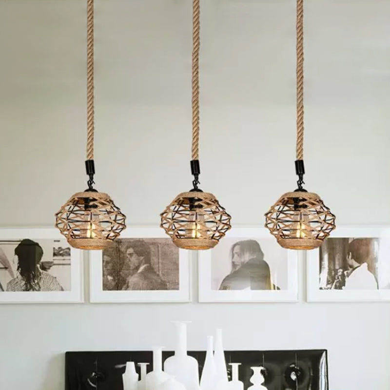 Rustic Elliptical Multi Hanging Light 3/6 Lights Rope Pendant Ceiling Lamp in Brown, Round/Linear Canopy Clearhalo 'Ceiling Lights' 'Industrial Pendants' 'Industrial' 'Middle Century Pendants' 'Pendant Lights' 'Pendants' 'Tiffany' Lighting' 1912412