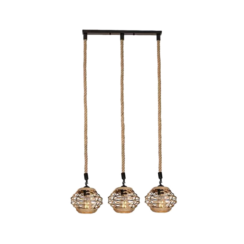 Rustic Elliptical Multi Hanging Light 3/6 Lights Rope Pendant Ceiling Lamp in Brown, Round/Linear Canopy Clearhalo 'Ceiling Lights' 'Industrial Pendants' 'Industrial' 'Middle Century Pendants' 'Pendant Lights' 'Pendants' 'Tiffany' Lighting' 1912413