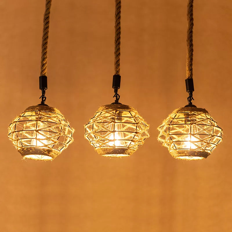 Rustic Elliptical Multi Hanging Light 3/6 Lights Rope Pendant Ceiling Lamp in Brown, Round/Linear Canopy Clearhalo 'Ceiling Lights' 'Industrial Pendants' 'Industrial' 'Middle Century Pendants' 'Pendant Lights' 'Pendants' 'Tiffany' Lighting' 1912414
