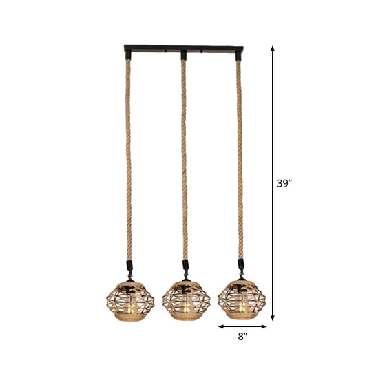 Rustic Elliptical Multi Hanging Light 3/6 Lights Rope Pendant Ceiling Lamp in Brown, Round/Linear Canopy Clearhalo 'Ceiling Lights' 'Industrial Pendants' 'Industrial' 'Middle Century Pendants' 'Pendant Lights' 'Pendants' 'Tiffany' Lighting' 1912415