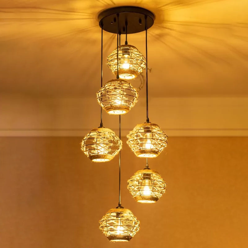 Rustic Elliptical Multi Hanging Light 3/6 Lights Rope Pendant Ceiling Lamp in Brown, Round/Linear Canopy Brown Round Clearhalo 'Ceiling Lights' 'Industrial Pendants' 'Industrial' 'Middle Century Pendants' 'Pendant Lights' 'Pendants' 'Tiffany' Lighting' 1912416