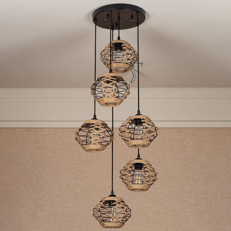 Rustic Elliptical Multi Hanging Light 3/6 Lights Rope Pendant Ceiling Lamp in Brown, Round/Linear Canopy Clearhalo 'Ceiling Lights' 'Industrial Pendants' 'Industrial' 'Middle Century Pendants' 'Pendant Lights' 'Pendants' 'Tiffany' Lighting' 1912417