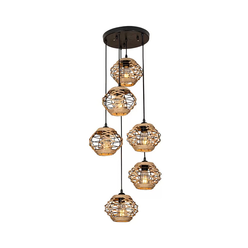 Rustic Elliptical Multi Hanging Light 3/6 Lights Rope Pendant Ceiling Lamp in Brown, Round/Linear Canopy Clearhalo 'Ceiling Lights' 'Industrial Pendants' 'Industrial' 'Middle Century Pendants' 'Pendant Lights' 'Pendants' 'Tiffany' Lighting' 1912418