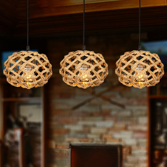 Cross-Woven Rope Cluster Oval Pendant Cottage 3/6 Bulbs Kitchen Bar Round/Linear Canopy Ceiling Hang Light in Brown Brown Linear Clearhalo 'Ceiling Lights' 'Industrial Pendants' 'Industrial' 'Middle Century Pendants' 'Pendant Lights' 'Pendants' 'Tiffany' Lighting' 1912420