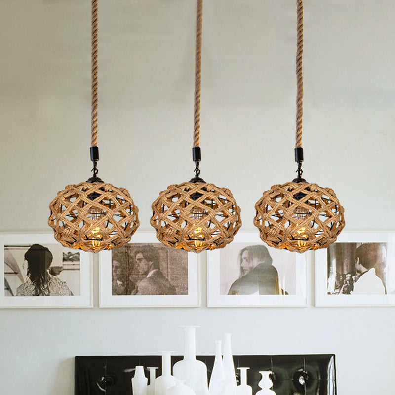 Cross-Woven Rope Cluster Oval Pendant Cottage 3/6 Bulbs Kitchen Bar Round/Linear Canopy Ceiling Hang Light in Brown Clearhalo 'Ceiling Lights' 'Industrial Pendants' 'Industrial' 'Middle Century Pendants' 'Pendant Lights' 'Pendants' 'Tiffany' Lighting' 1912421