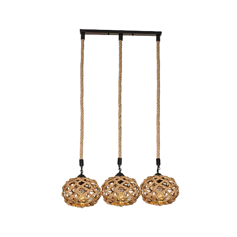Cross-Woven Rope Cluster Oval Pendant Cottage 3/6 Bulbs Kitchen Bar Round/Linear Canopy Ceiling Hang Light in Brown Clearhalo 'Ceiling Lights' 'Industrial Pendants' 'Industrial' 'Middle Century Pendants' 'Pendant Lights' 'Pendants' 'Tiffany' Lighting' 1912422