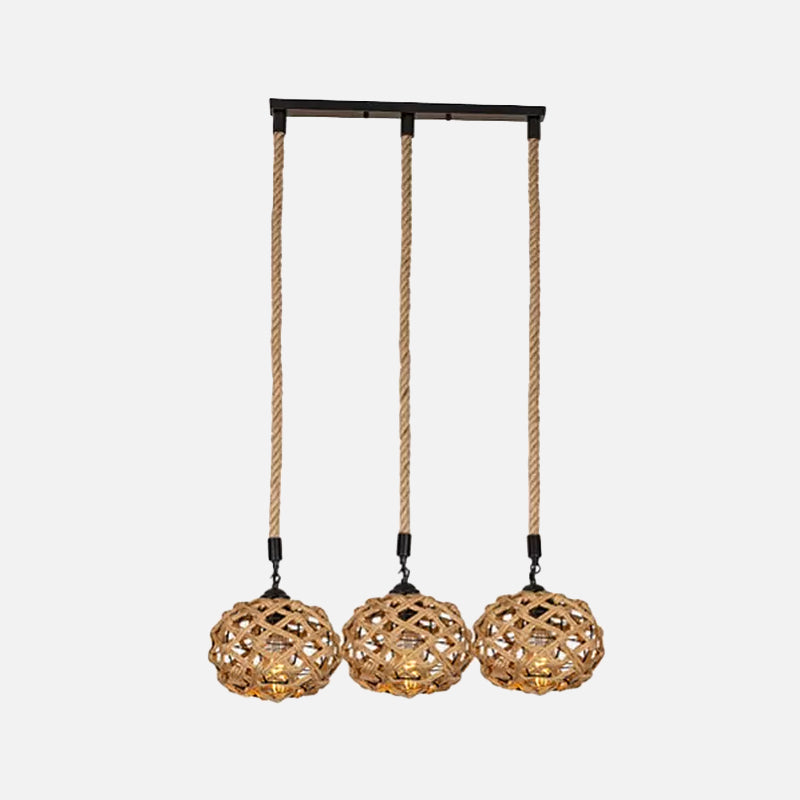 Cross-Woven Rope Cluster Oval Pendant Cottage 3/6 Bulbs Kitchen Bar Round/Linear Canopy Ceiling Hang Light in Brown Clearhalo 'Ceiling Lights' 'Industrial Pendants' 'Industrial' 'Middle Century Pendants' 'Pendant Lights' 'Pendants' 'Tiffany' Lighting' 1912423