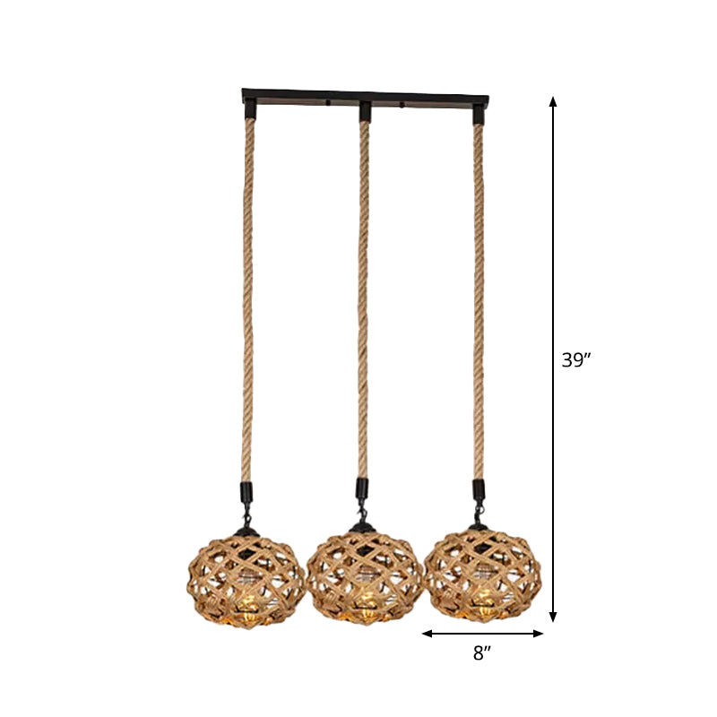 Cross-Woven Rope Cluster Oval Pendant Cottage 3/6 Bulbs Kitchen Bar Round/Linear Canopy Ceiling Hang Light in Brown Clearhalo 'Ceiling Lights' 'Industrial Pendants' 'Industrial' 'Middle Century Pendants' 'Pendant Lights' 'Pendants' 'Tiffany' Lighting' 1912424